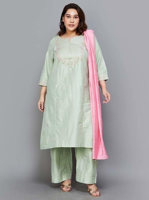 moiree by lifestyle green embroidered kurta palazzo set with dupatta