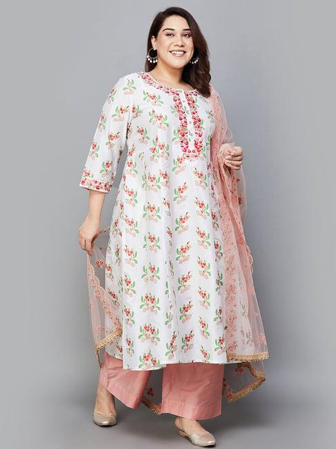 moiree by lifestyle off white & peach embroidered kurta with palazzos & dupatta