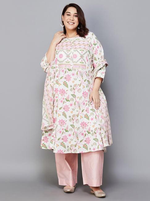 moiree by lifestyle off white & pink rayon floral print kurta with pants & dupatta