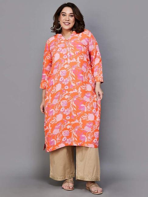 moiree by lifestyle orange floral print straight kurta