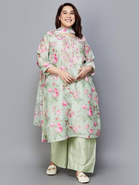 moiree by lifestyle sage green & pink floral print kurta with palazzos & dupatta