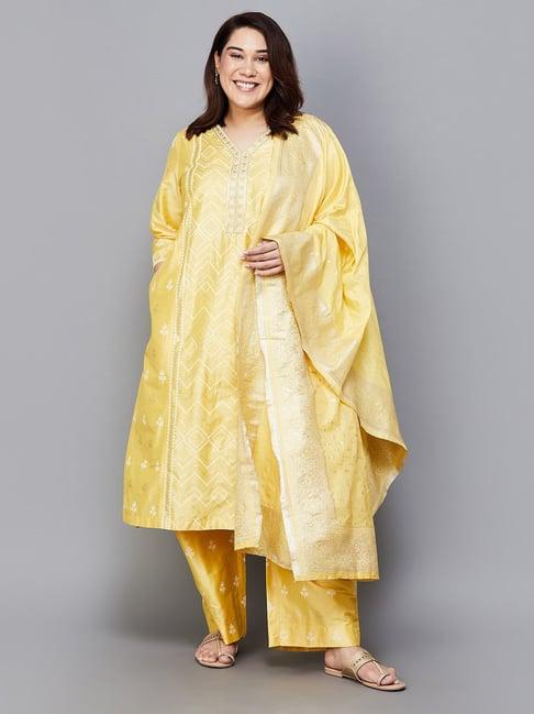 moiree by lifestyle yellow & white printed kurta with palazzos & dupatta