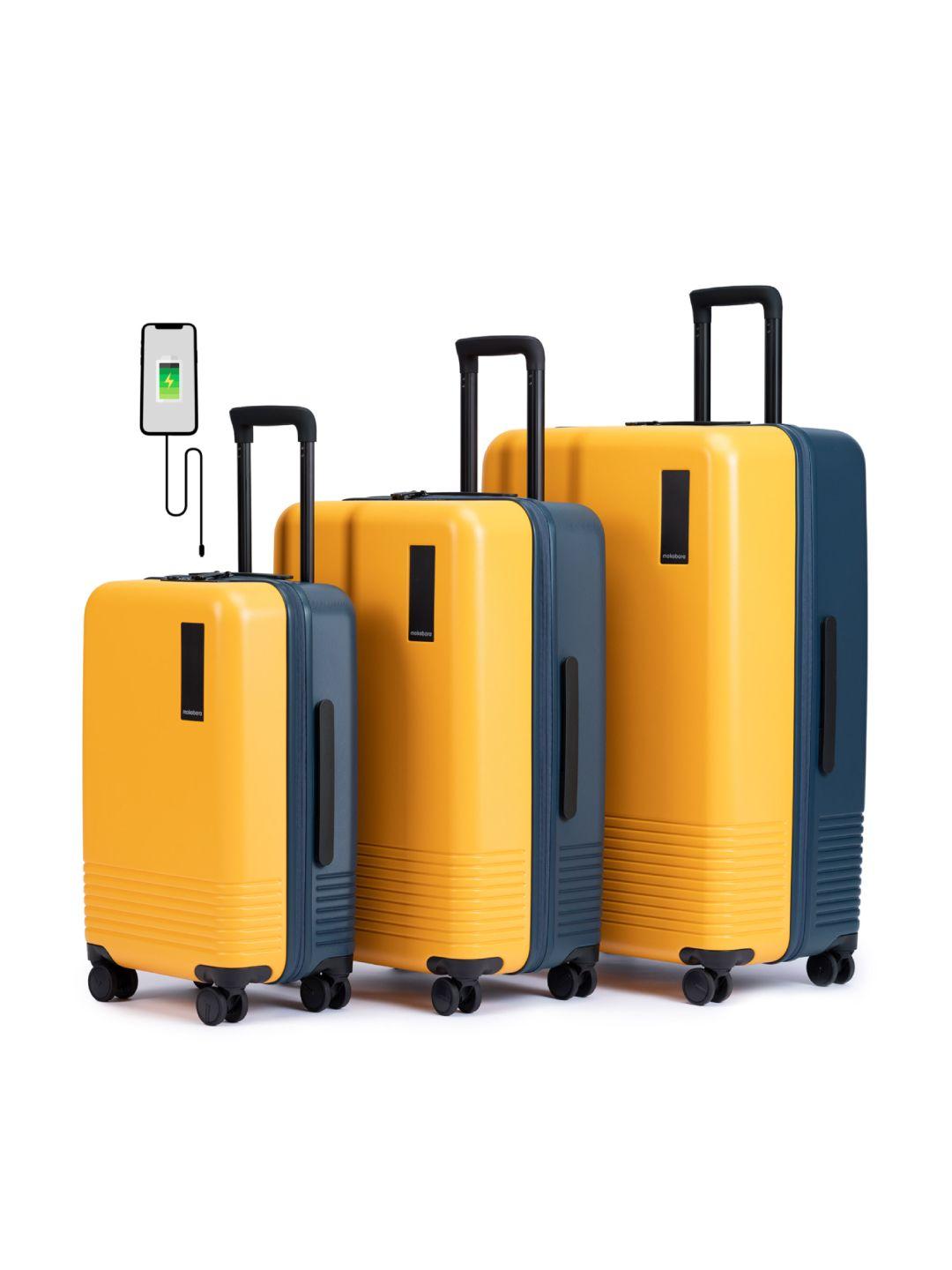 mokobara set of 3 yellow textured trolley suitcase
