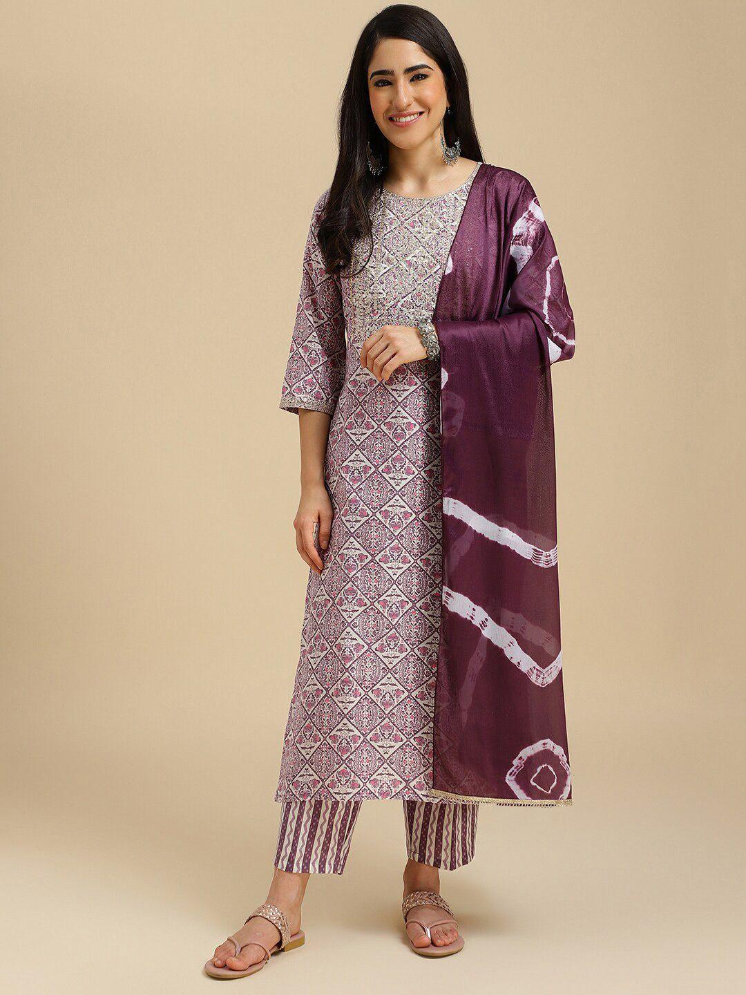 mokosh ethnic motifs printed regular sequinned kurta with trousers & dupatta