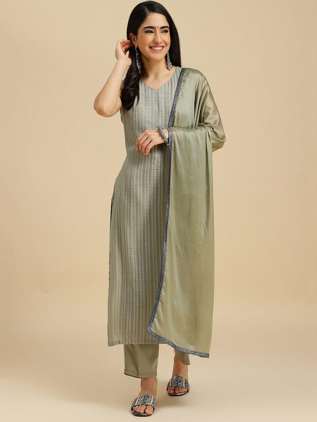 mokosh striped v-neck straight kurta with trousers & dupatta