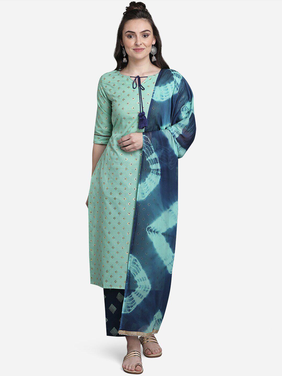 mokosh women green ethnic motifs printed pure cotton kurti with palazzos & with dupatta