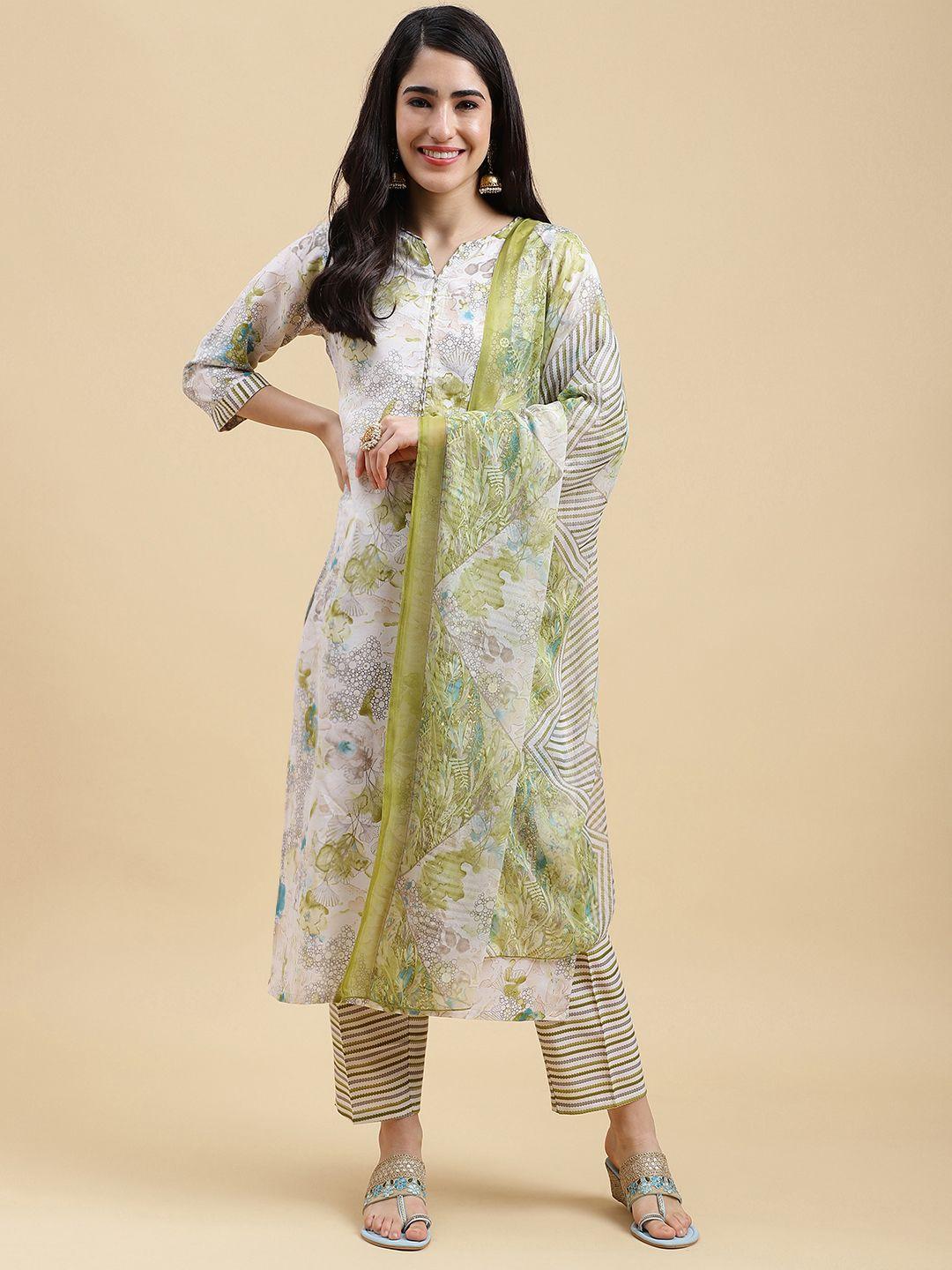 mokosh women green floral printed regular kurta with trousers & with dupatta