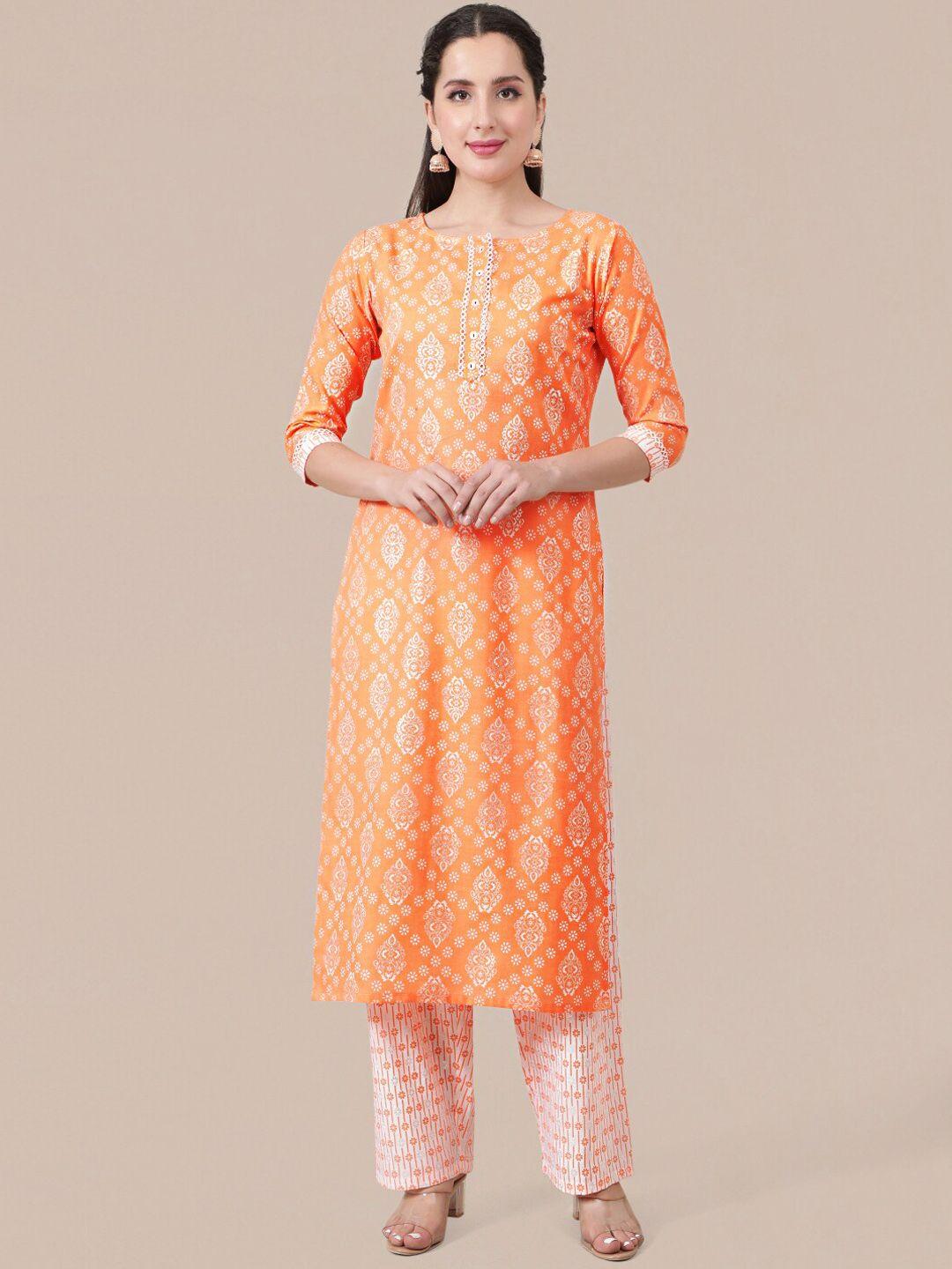 mokosh women orange ethnic motifs printed kurta with palazzo set