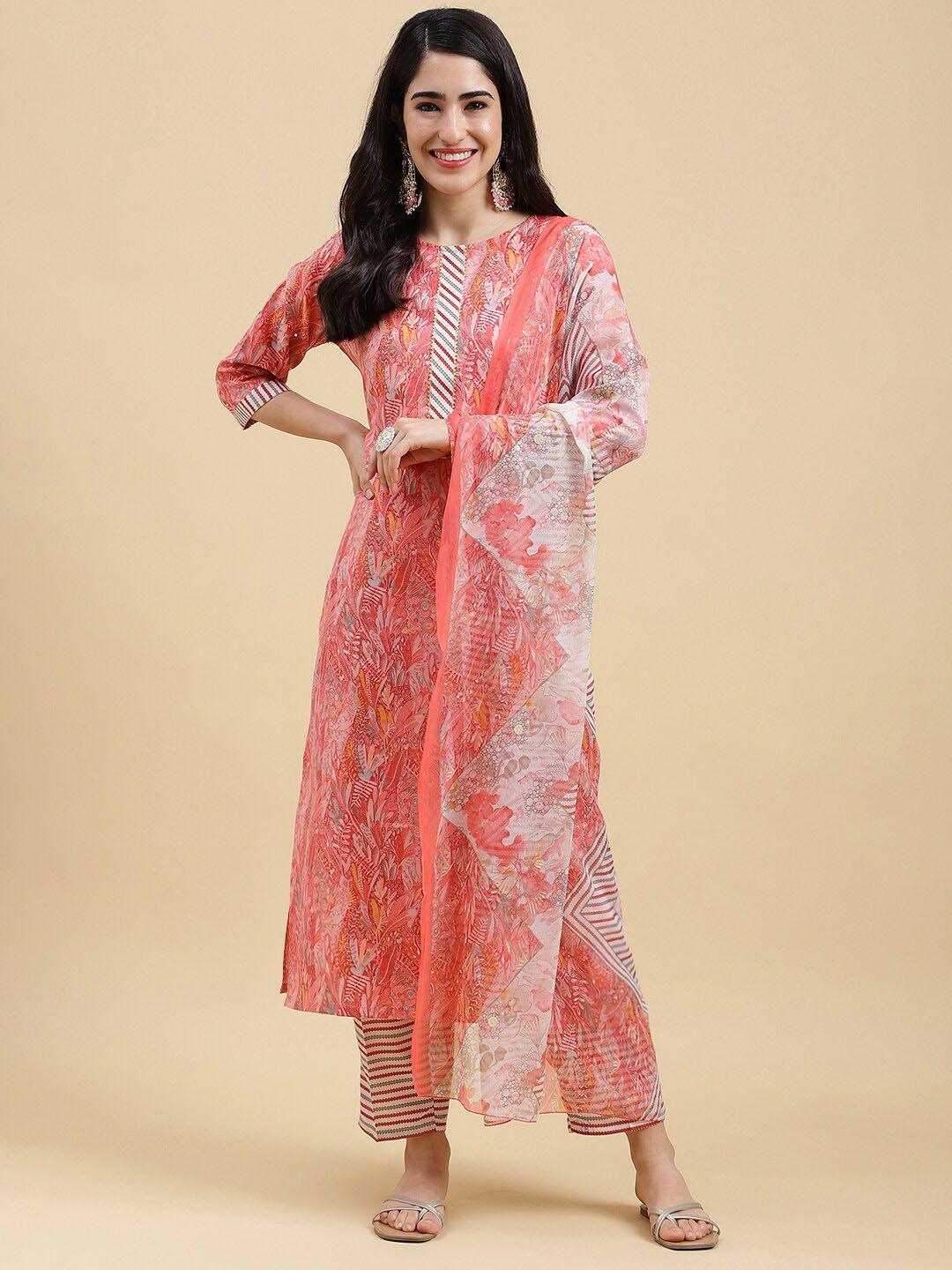 mokosh women pink floral printed regular kurta with trousers & with dupatta