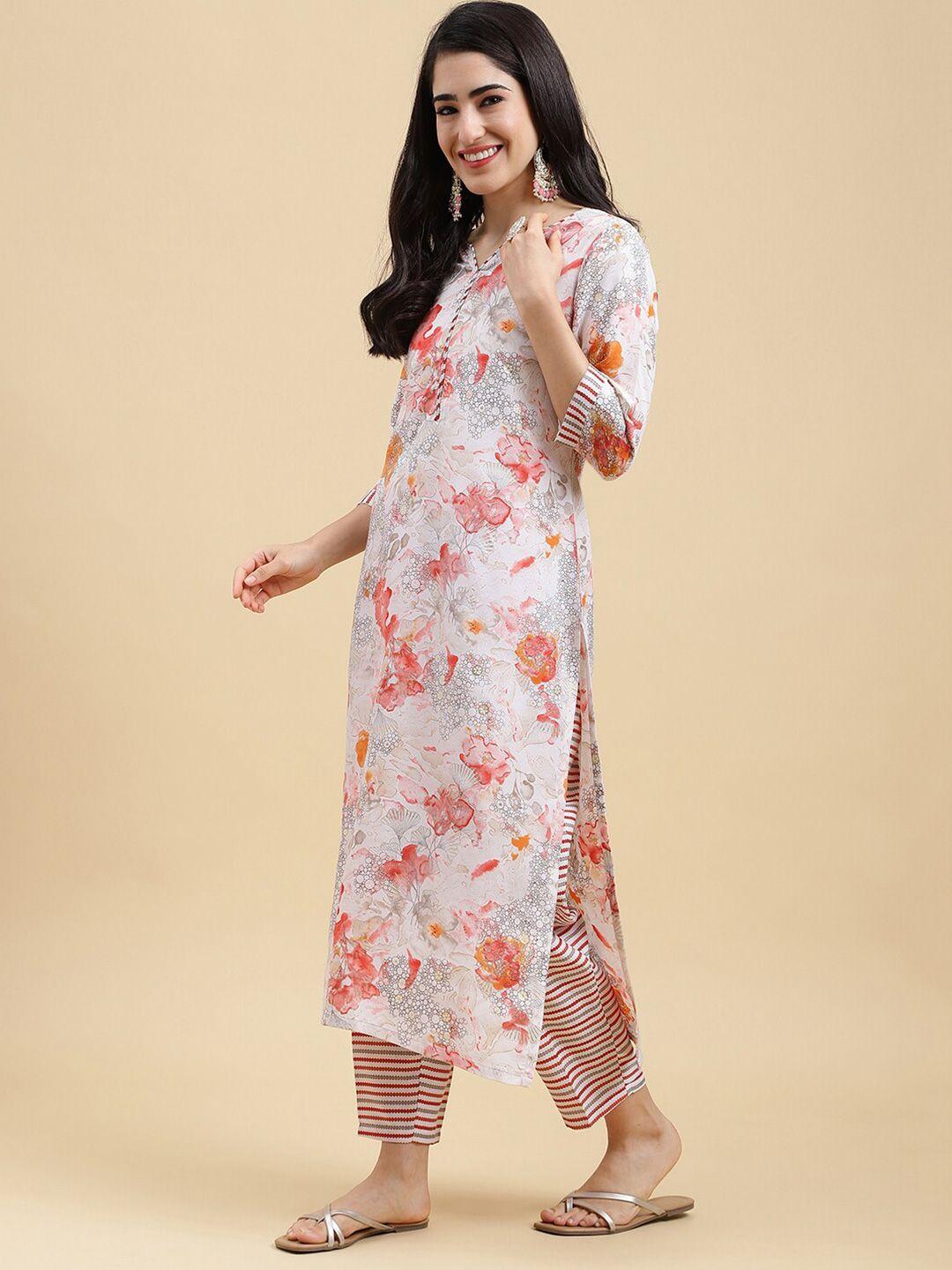 mokosh women pink floral printed regular kurta with trousers & with dupatta