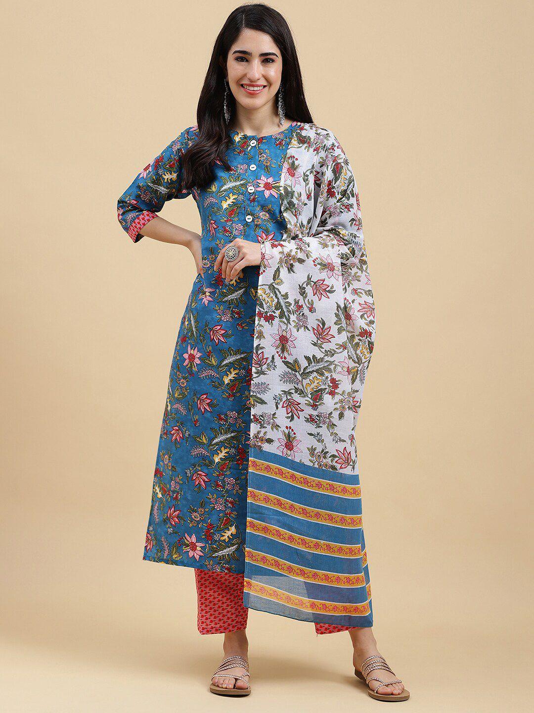 mokosh women red floral printed regular kurta with trousers & with dupatta