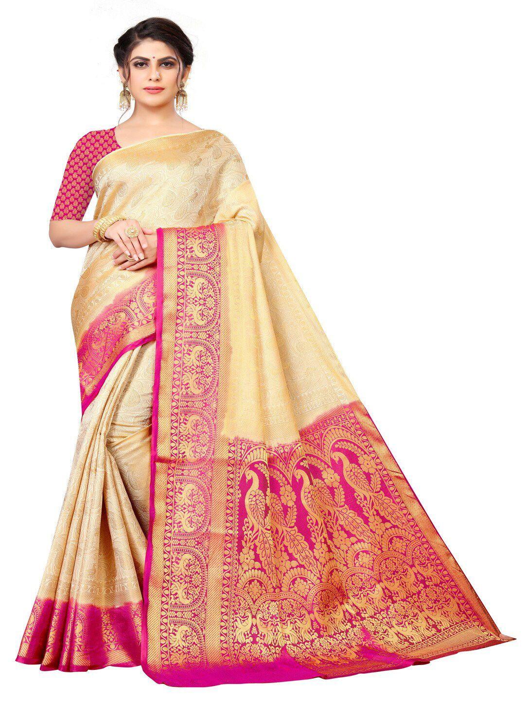 moksha designs beige & pink ethnic motifs zari pure silk banarasi saree