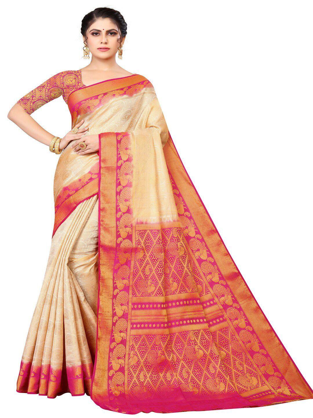 moksha designs beige & pink ethnic motifs zari pure silk banarasi saree