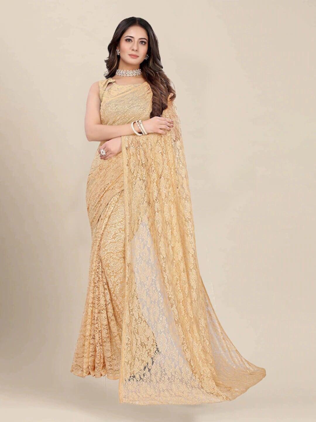 moksha designs beige floral net saree