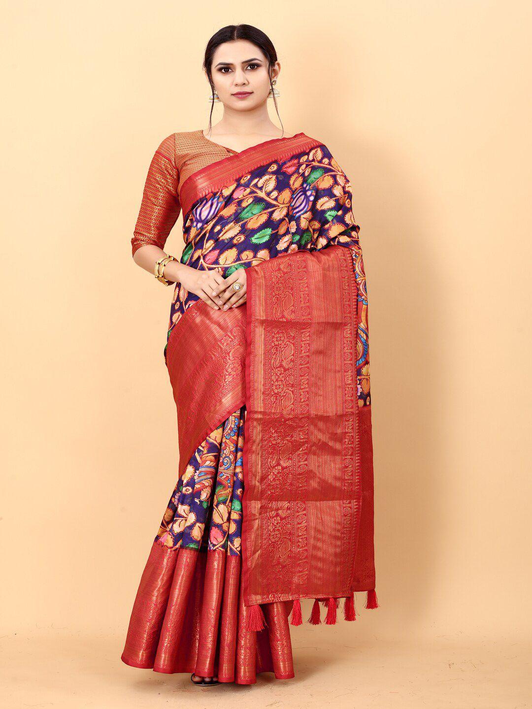 moksha designs blue & red kalamkari pure silk banarasi saree