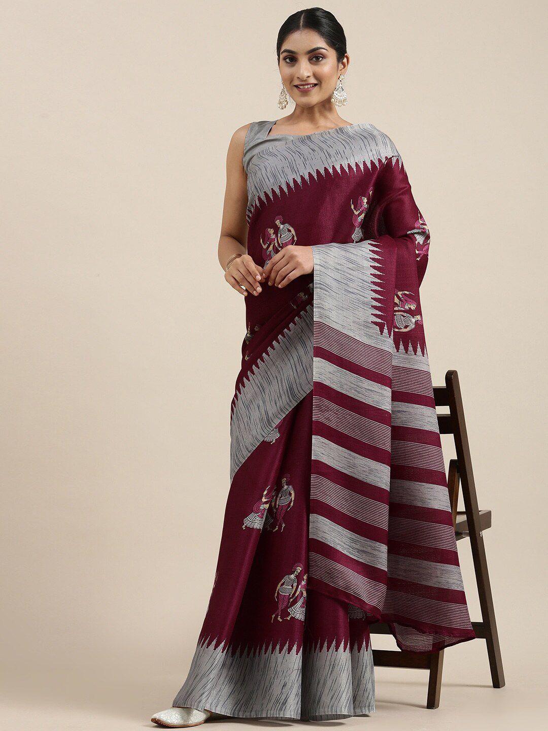 moksha designs burgundy & grey ethnic motifs art silk khadi saree