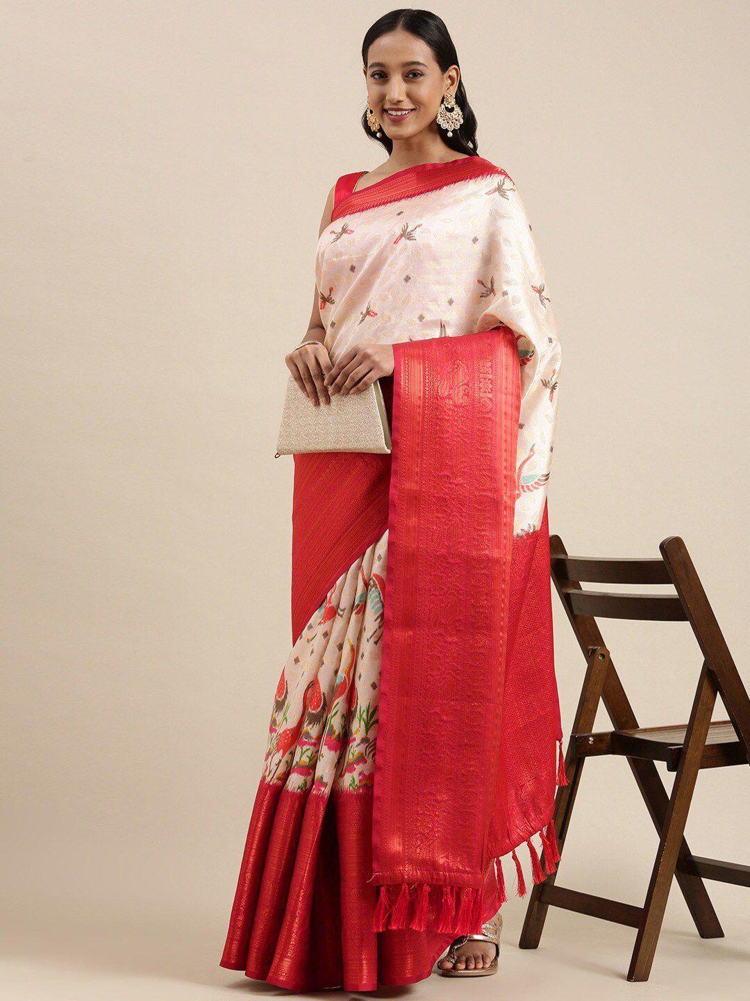 moksha designs floral printed zari pure silk banarasi saree