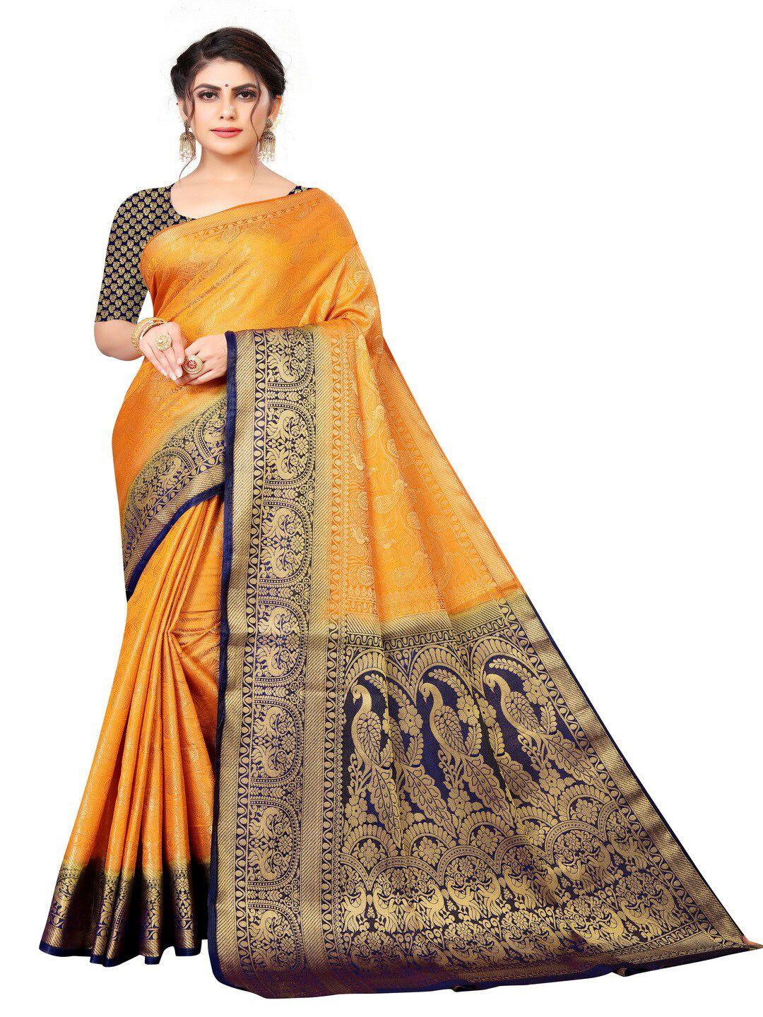 moksha designs gold-toned & navy blue ethnic motifs zari pure silk banarasi saree