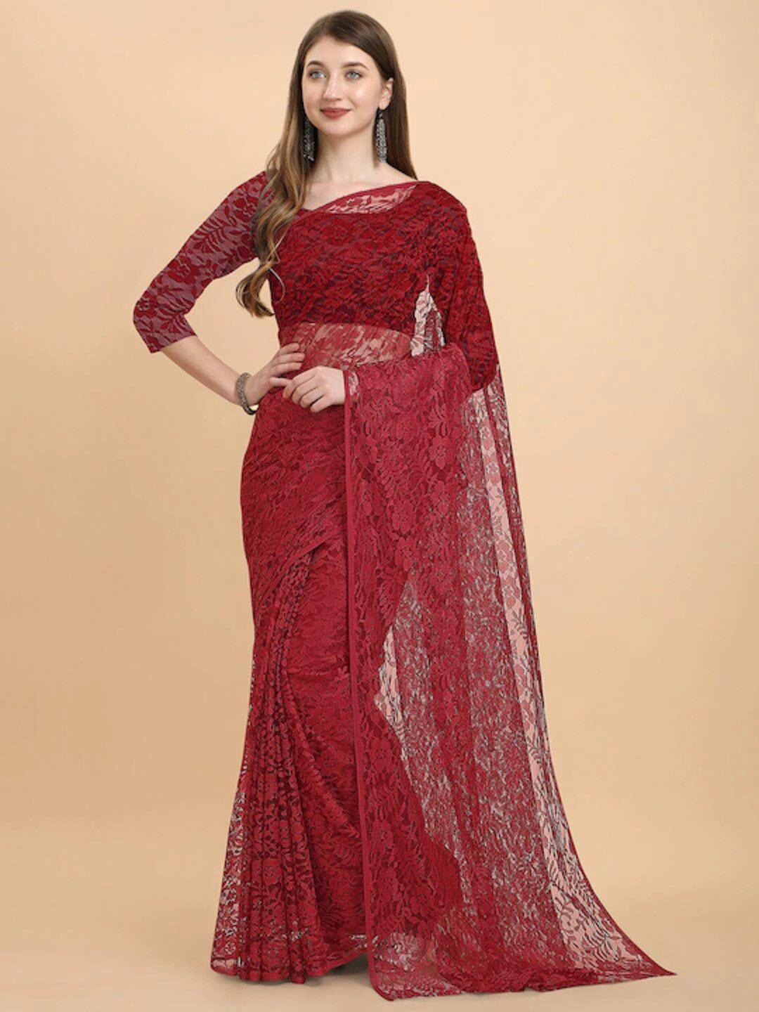moksha designs maroon floral embllished net saree
