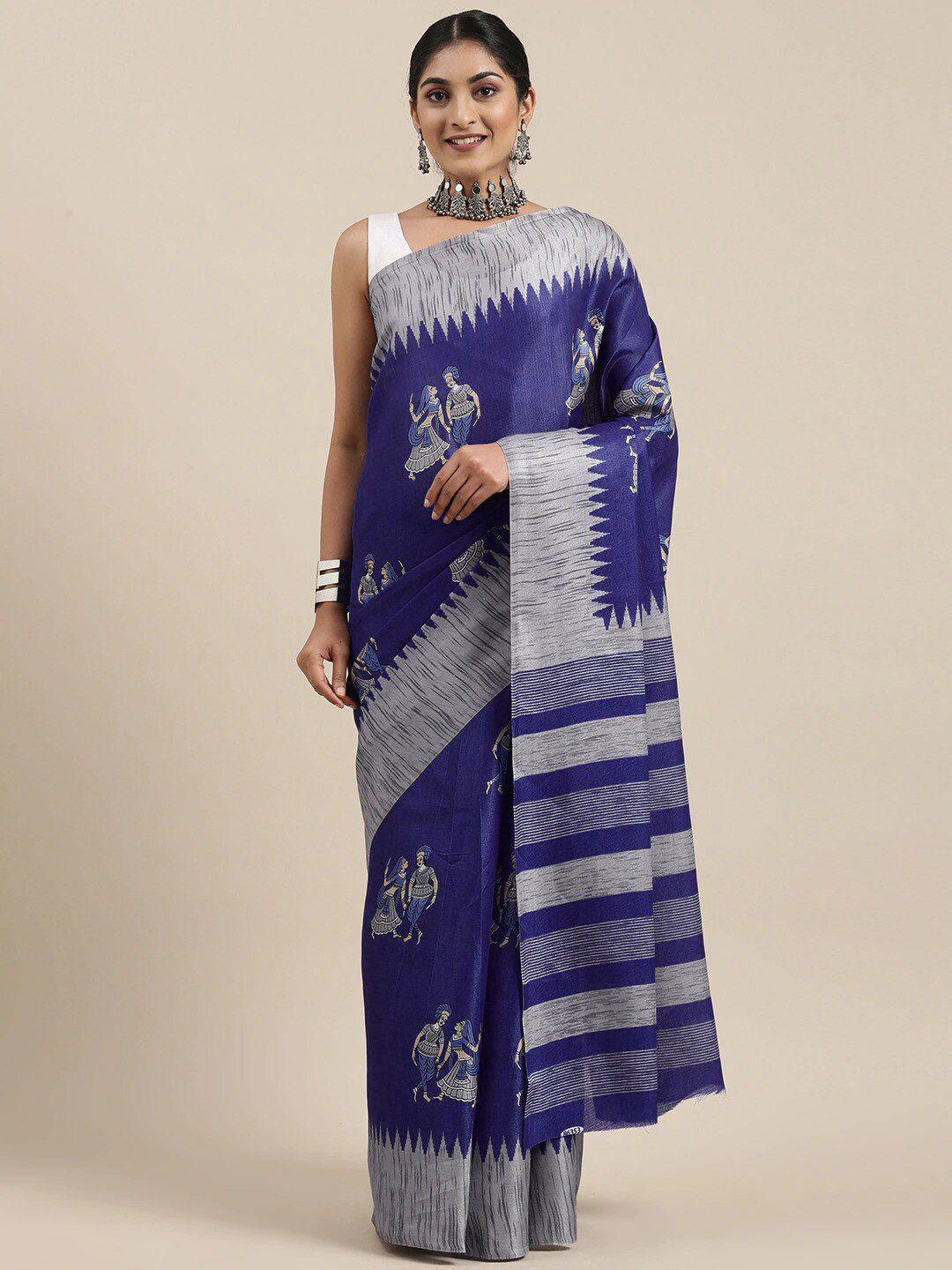 moksha designs navy blue kalamkari art silk khadi saree
