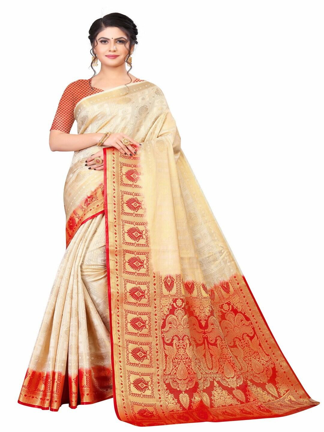 moksha designs off white & red woven design zari pure silk banarasi saree