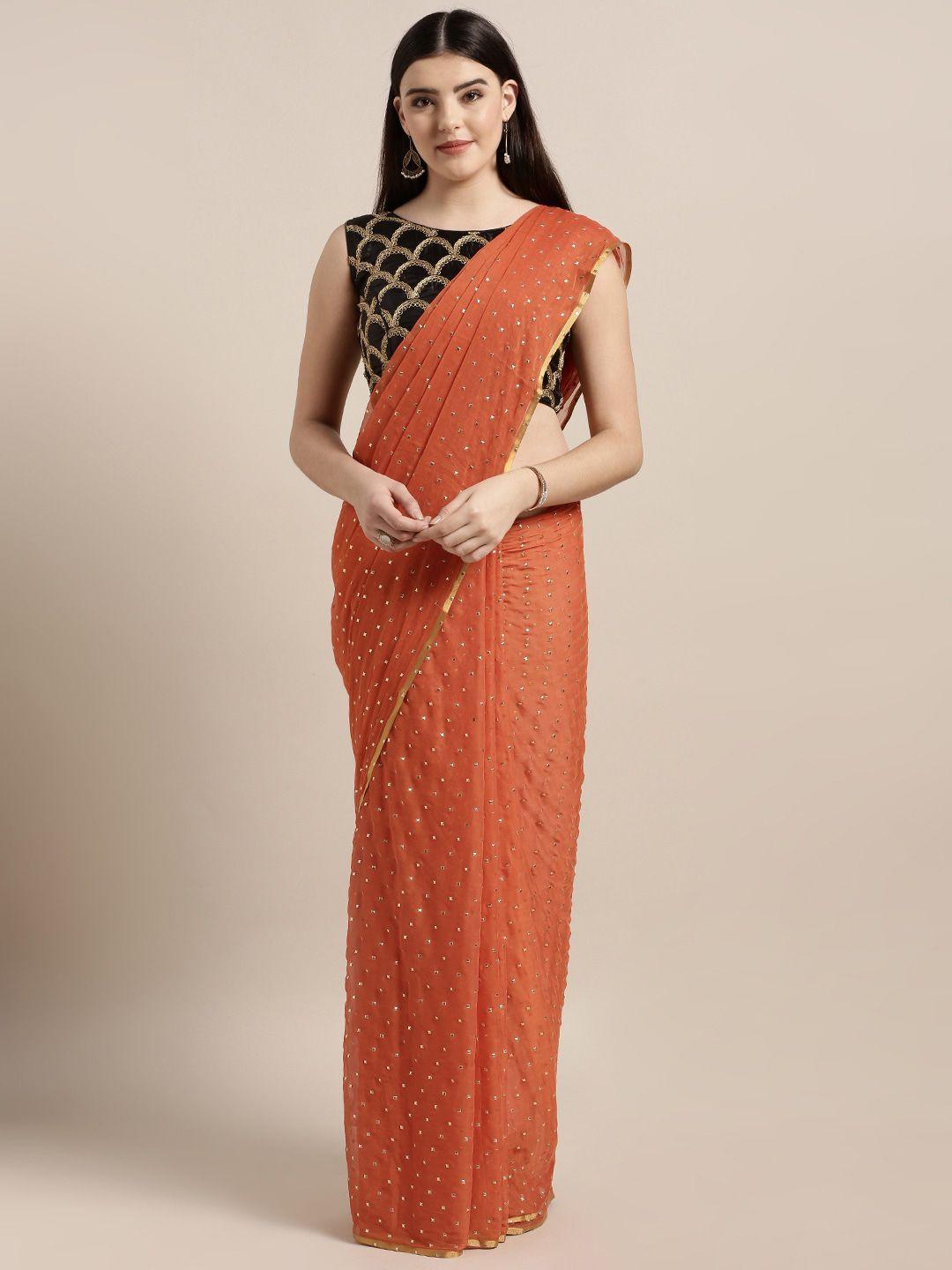 moksha designs orange & gold-toned embellished pure chiffon saree