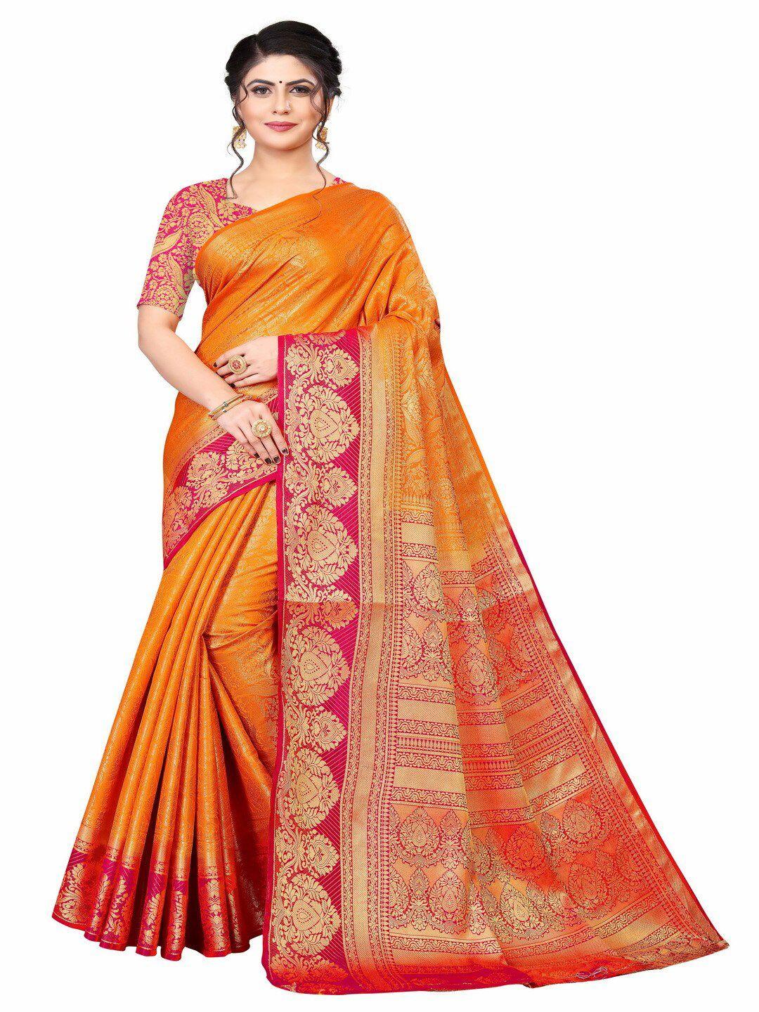moksha designs orange & pink woven design zari pure silk banarasi saree