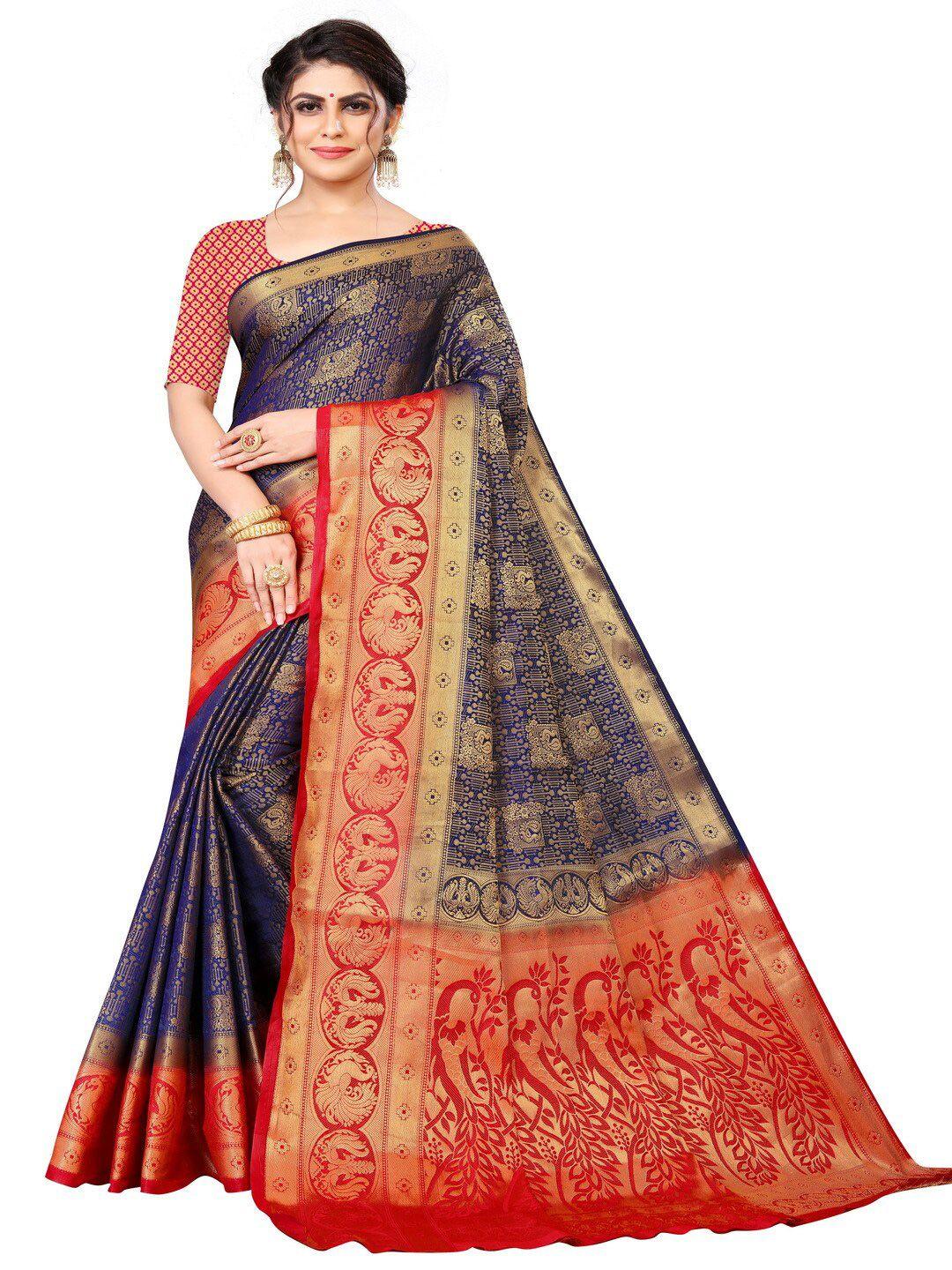 moksha designs red & blue woven design pure silk banarasi saree