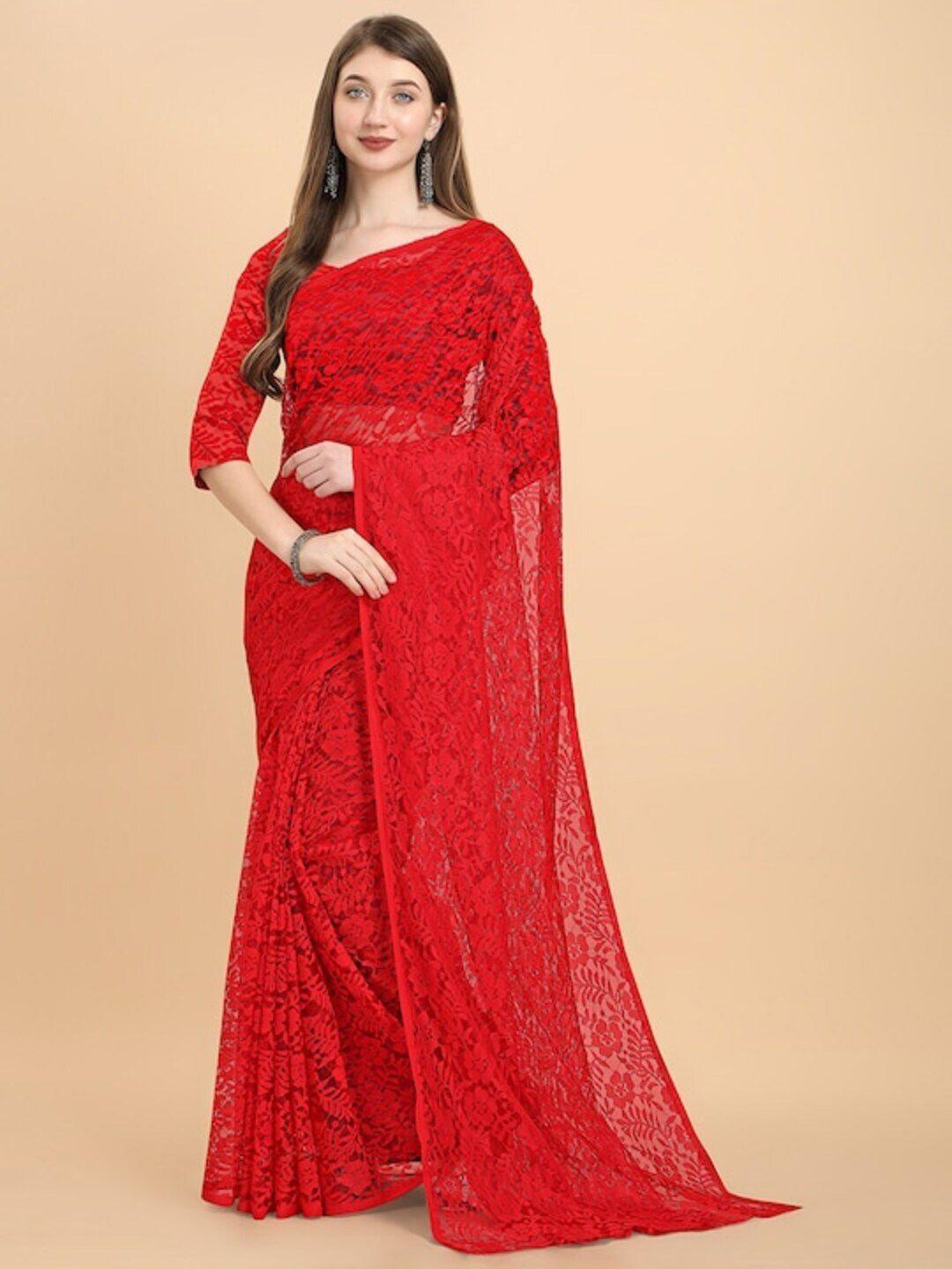 moksha designs red floral net saree