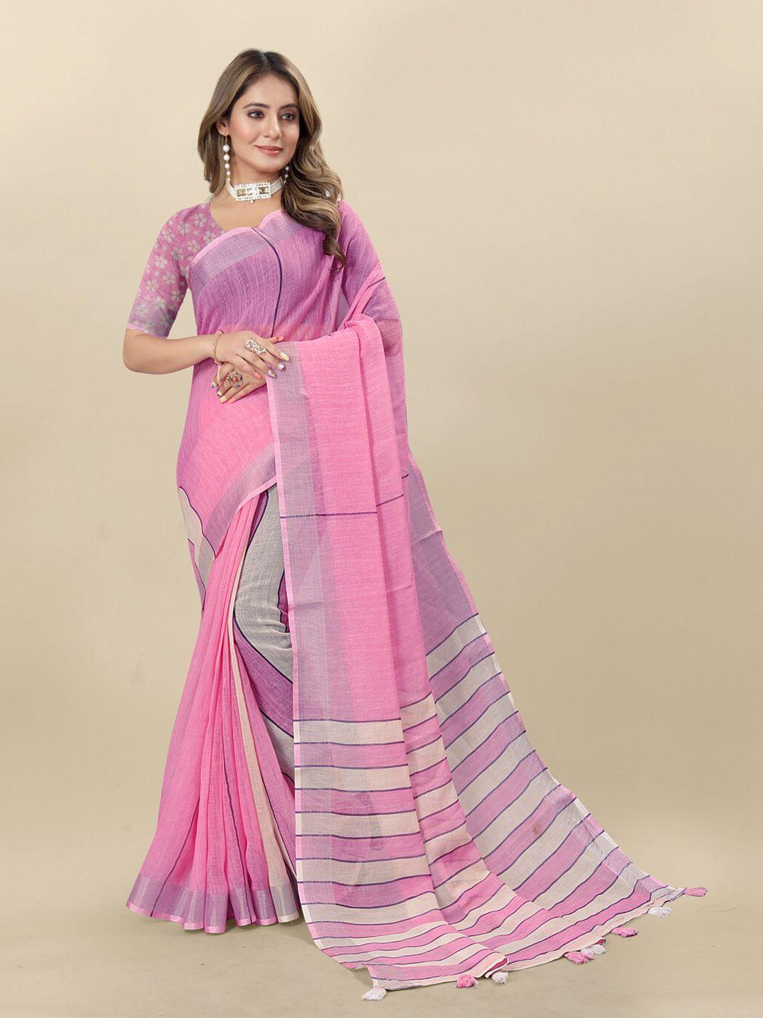 moksha designs striped pure linen saree with tassels