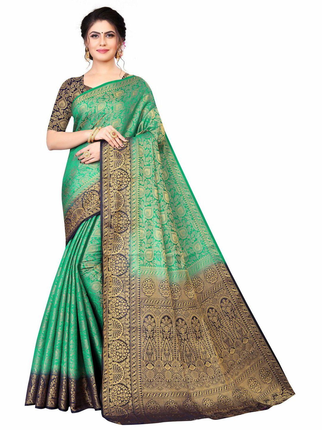 moksha designs women green & gold-toned woven design pure silk banarasi saree
