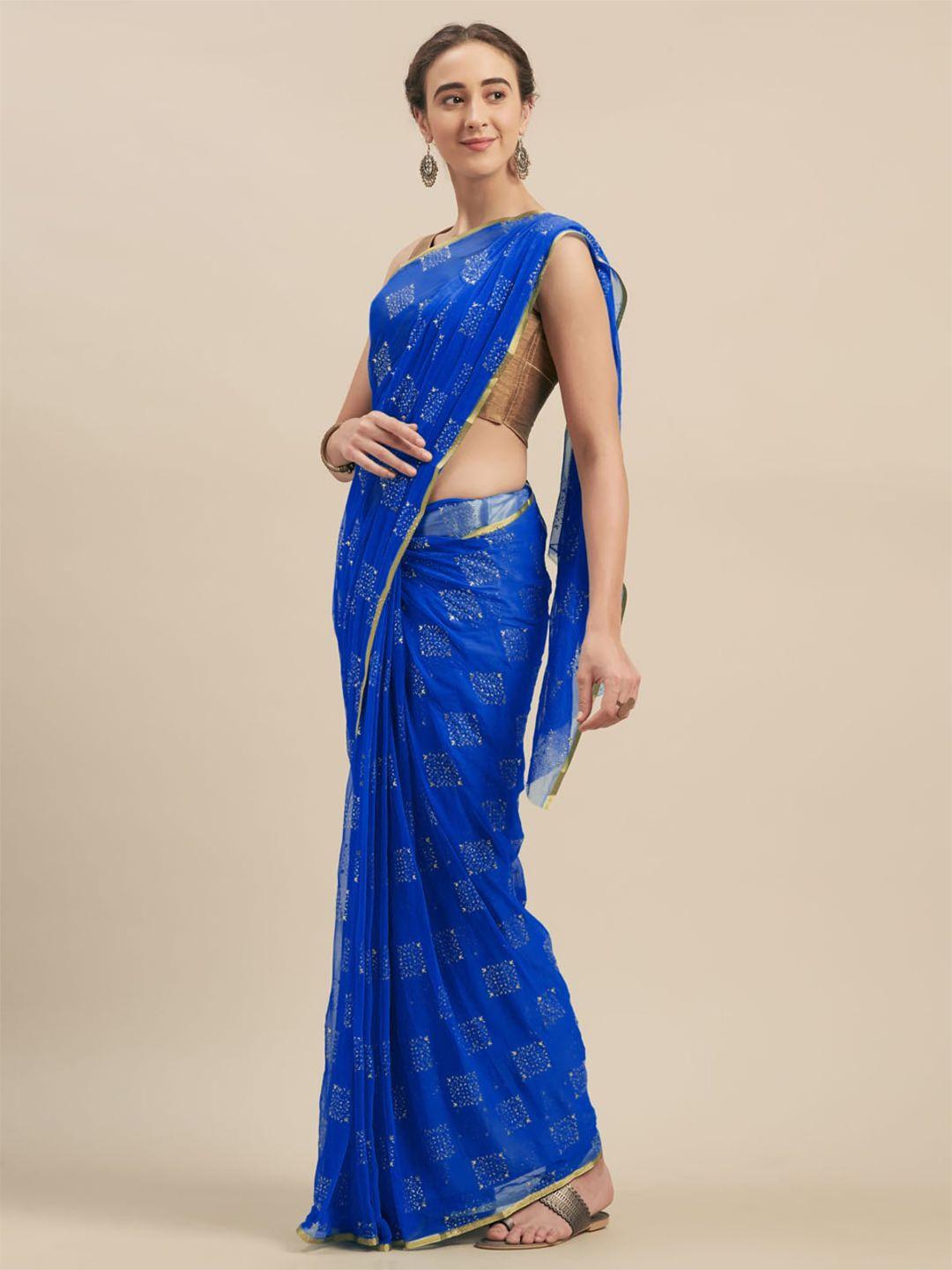 moksha designs blue & gold-toned embellished zari pure chiffon saree