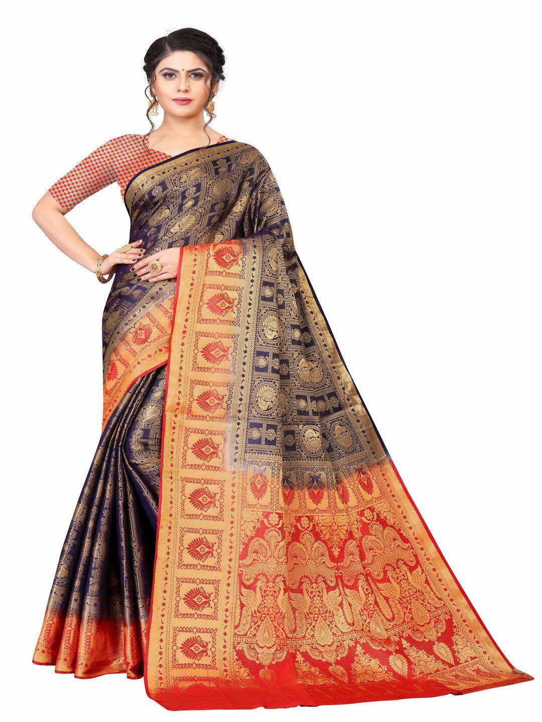 moksha designs blue & gold-toned woven design pure silk banarasi saree