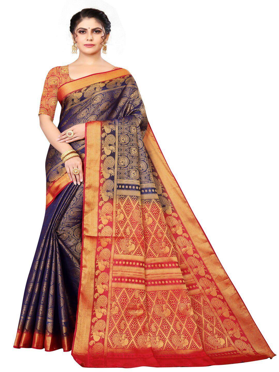 moksha designs blue & red woven design pure silk kanjeevaram saree