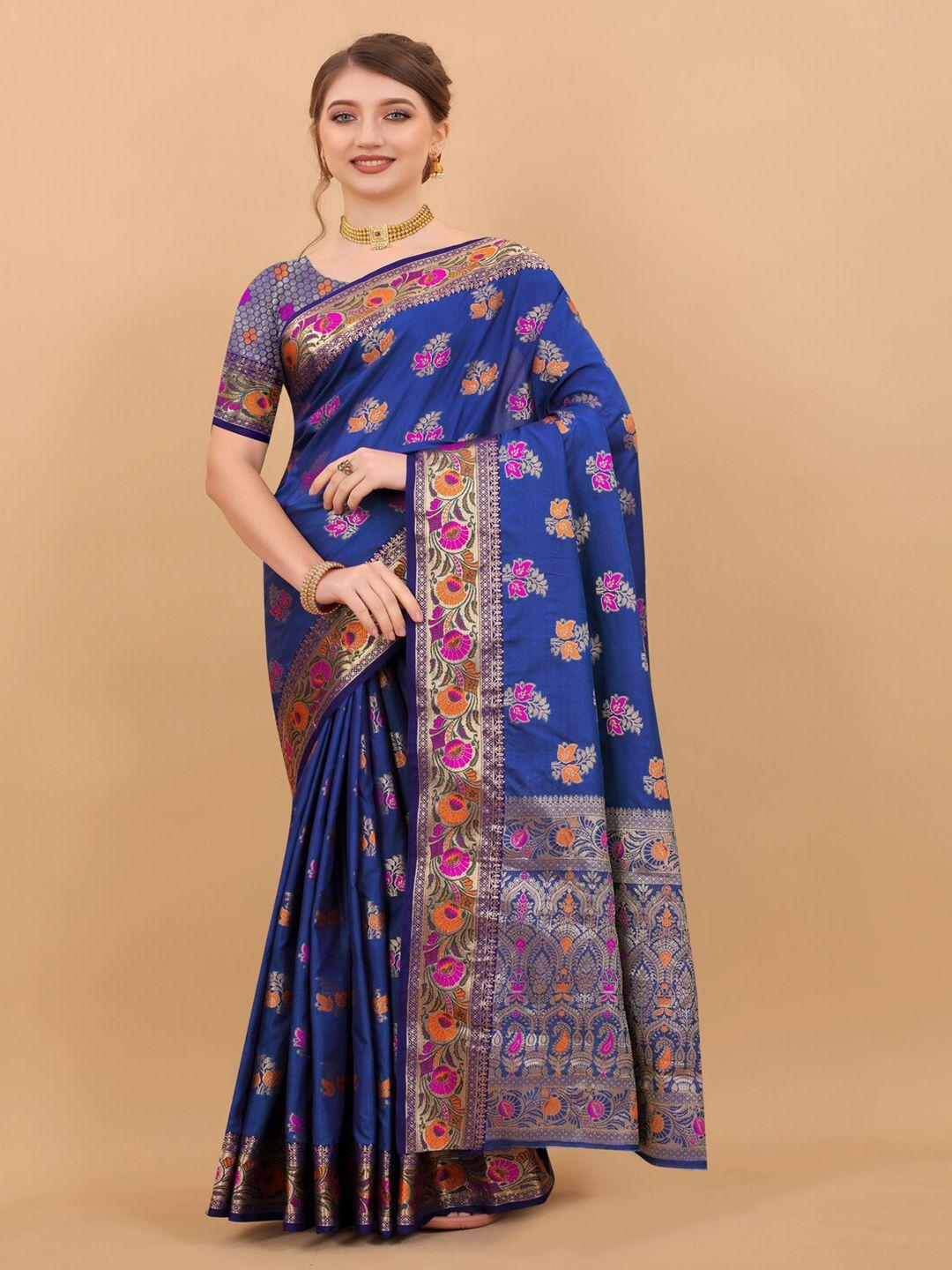 moksha designs blue & red woven design zari pure silk banarasi saree