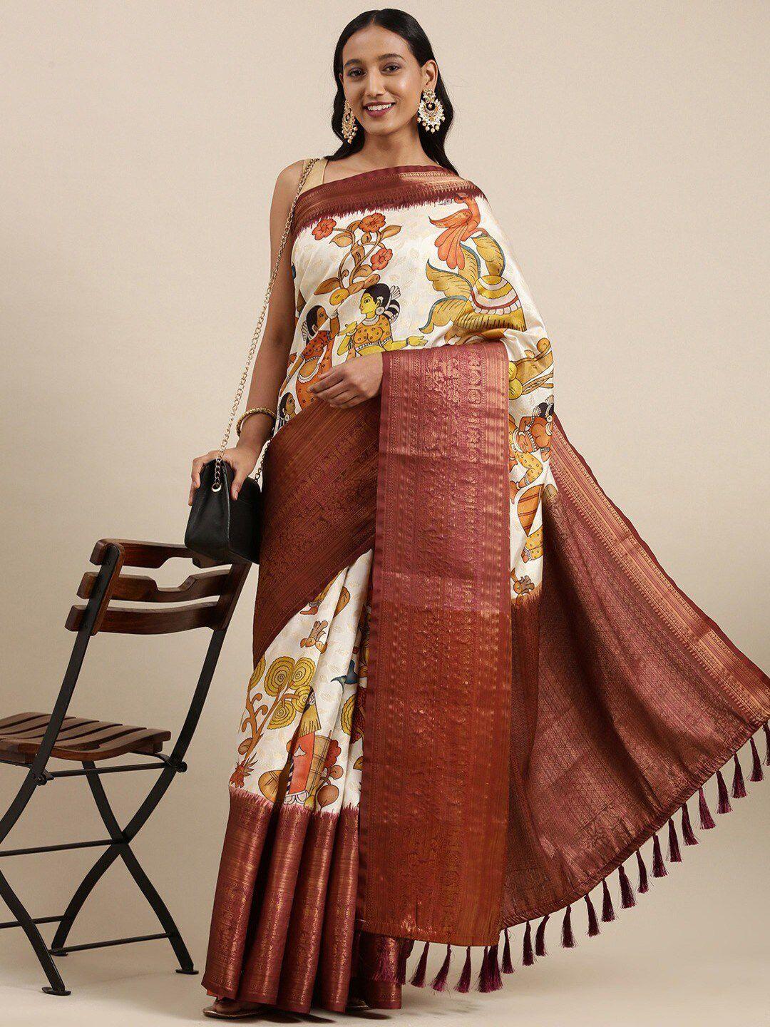 moksha designs brown & white kalamkari zari pure silk banarasi saree