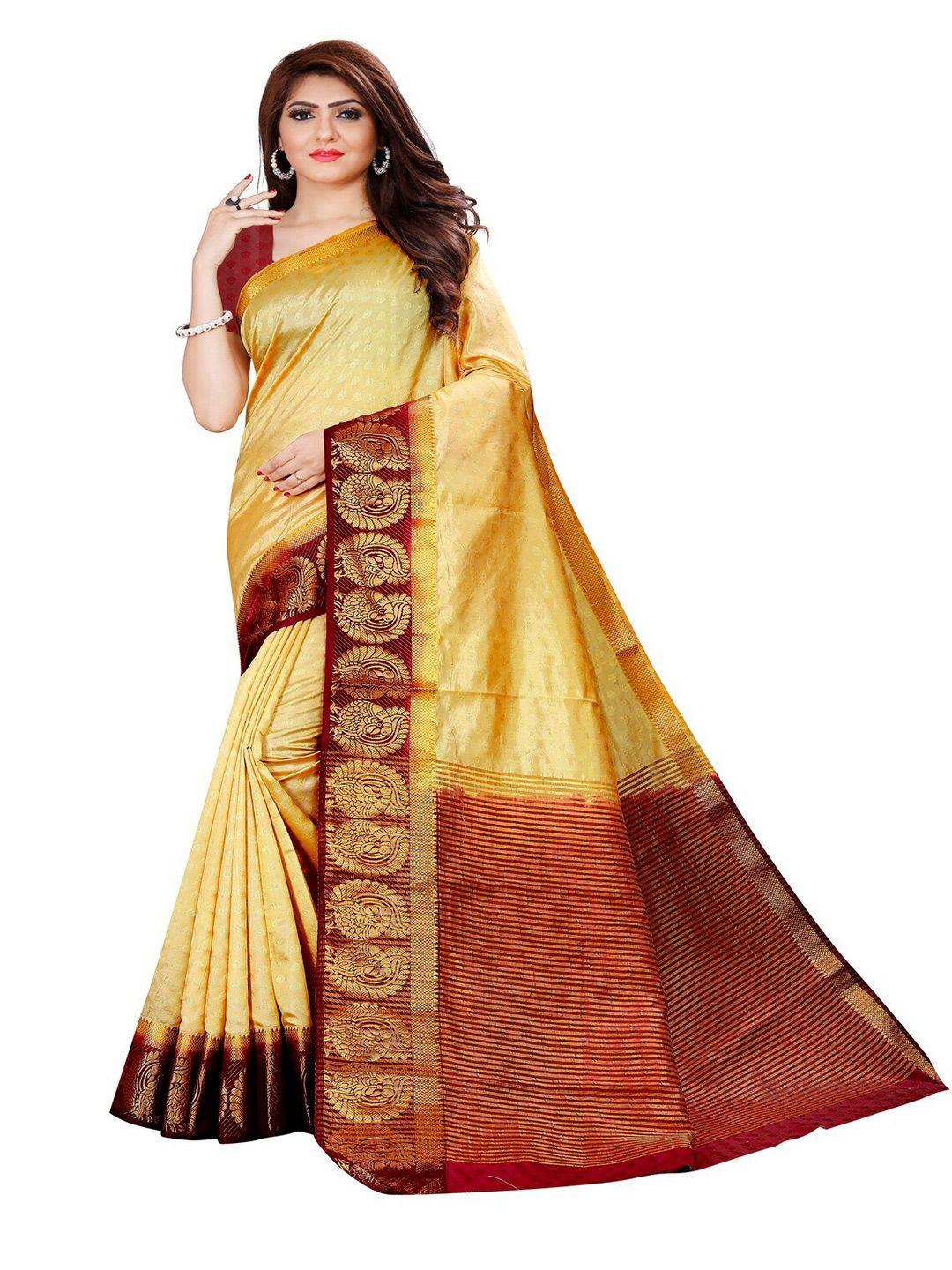 moksha designs cream-coloured & maroon ethnic motifs zari pure silk banarasi saree