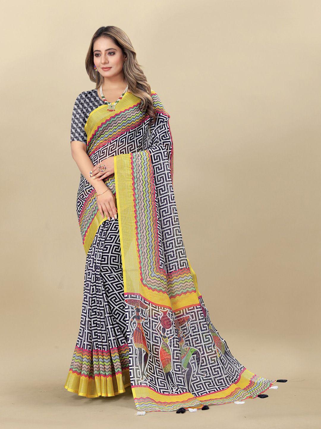 moksha designs geometric printed zari pure linen saree