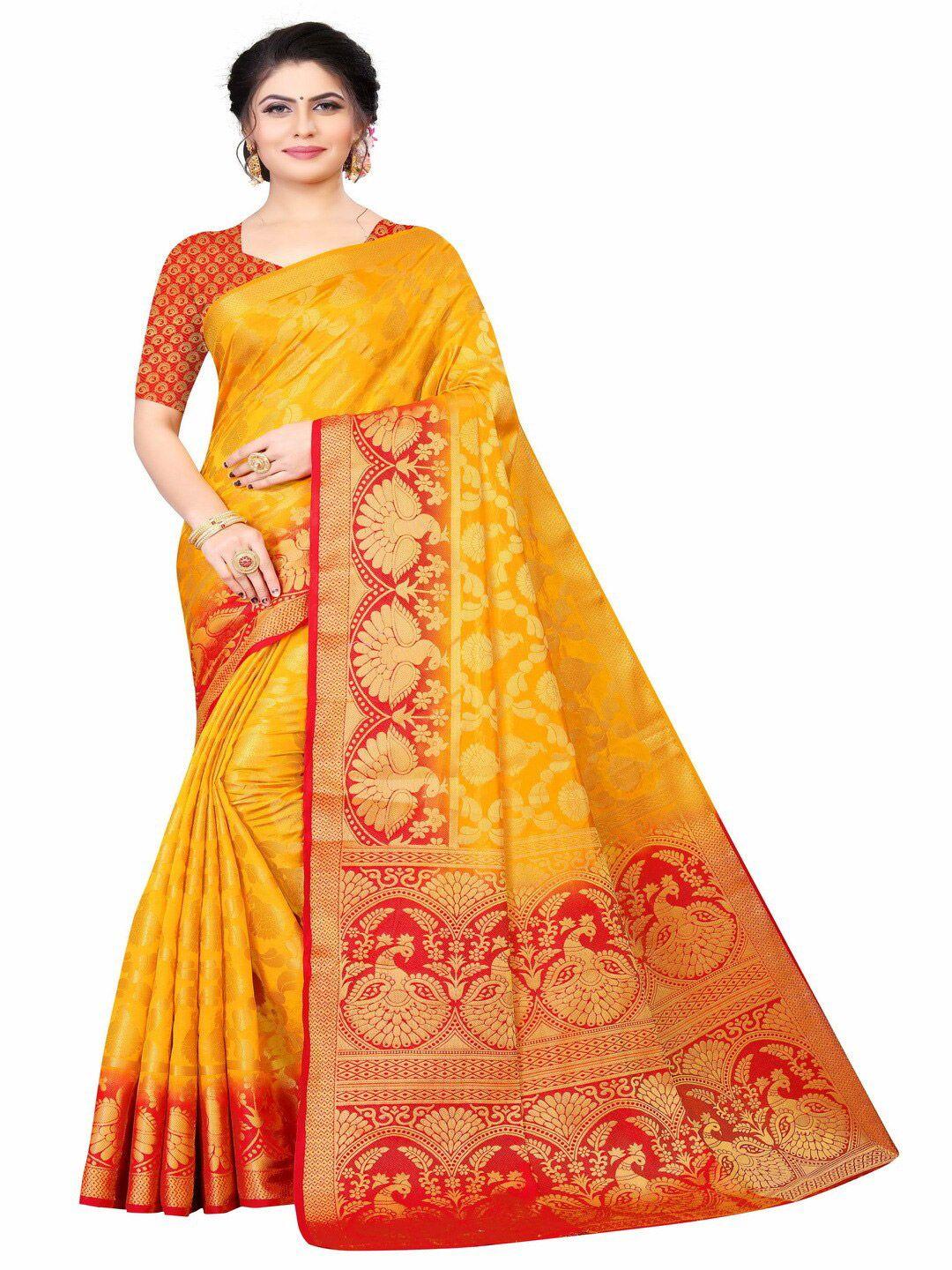 moksha designs gold-toned & red woven design zari pure silk banarasi saree