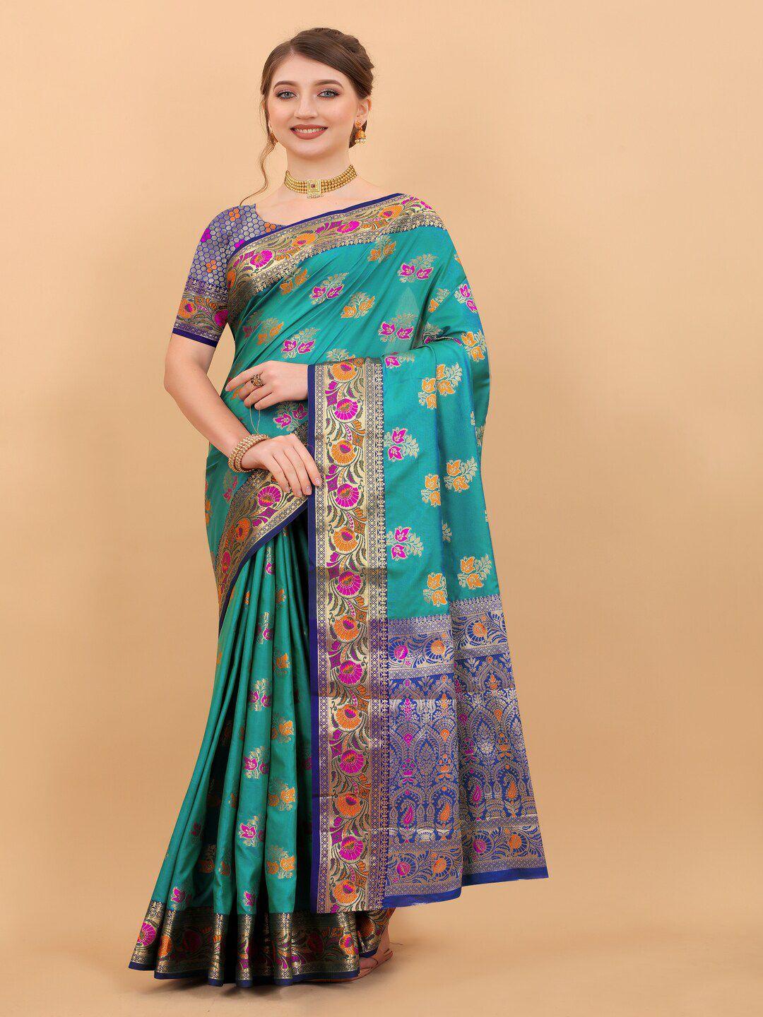 moksha designs green & gold-toned woven design zari pure silk banarasi saree