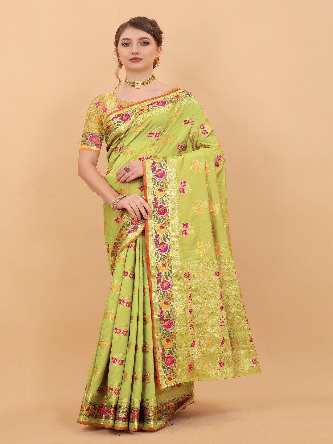 moksha designs green & pink woven design zari pure silk banarasi saree