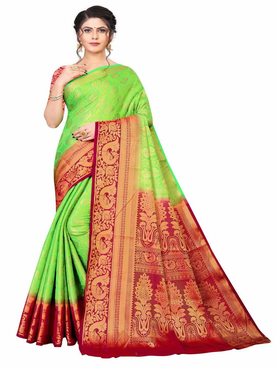 moksha designs green & red woven design zari pure silk kanjeevaram saree