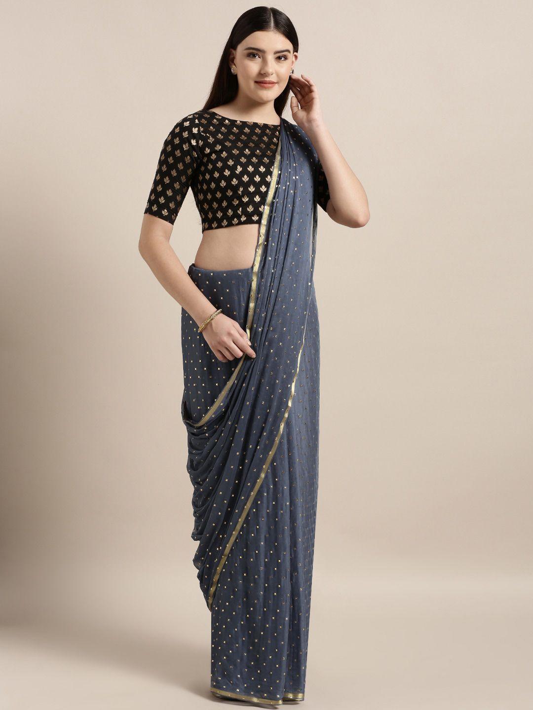 moksha designs grey & gold-toned embellished zari pure chiffon saree
