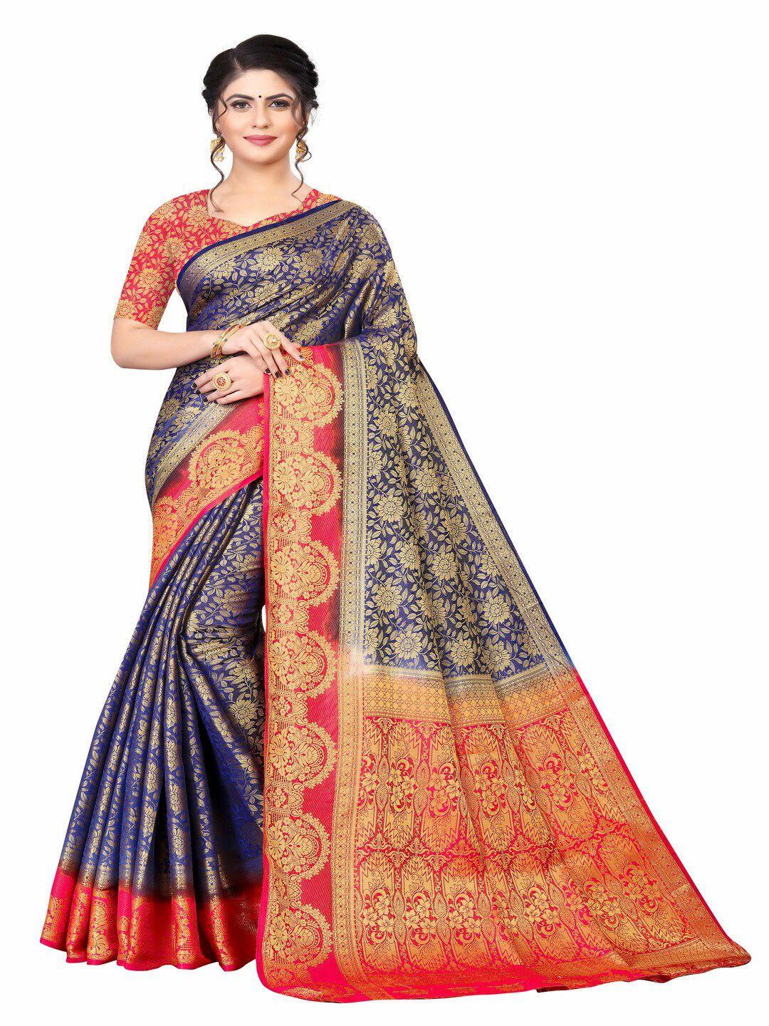 moksha designs navy blue & red woven design zari pure silk banarasi saree