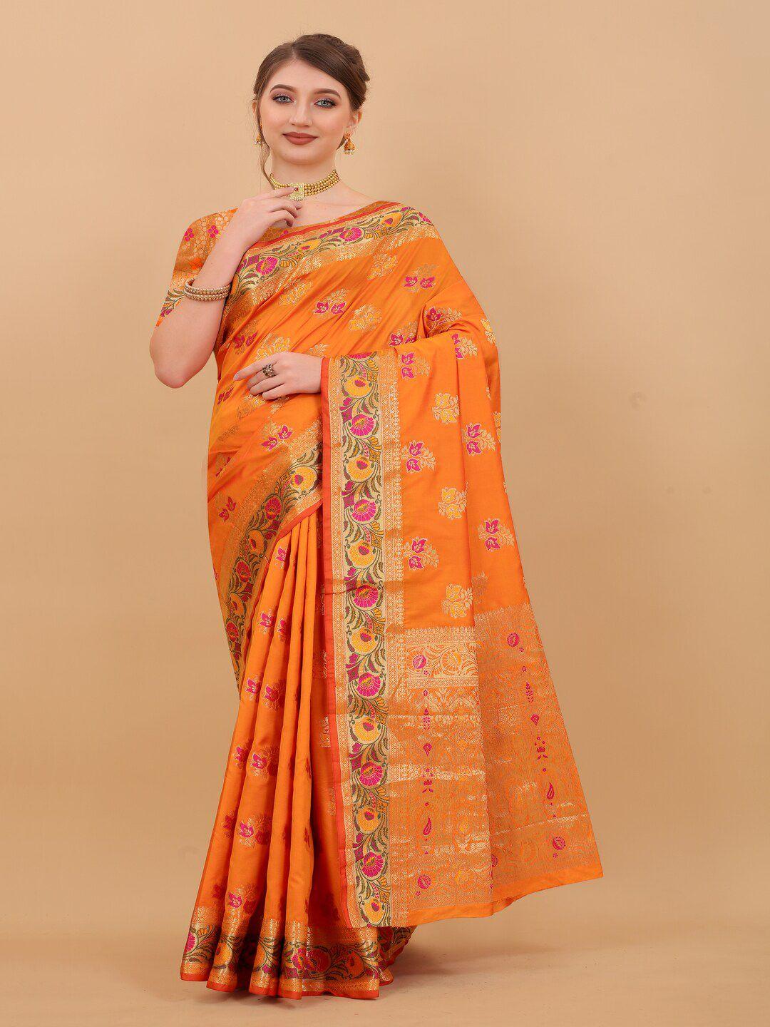 moksha designs orange & gold-toned woven design zari pure silk banarasi saree