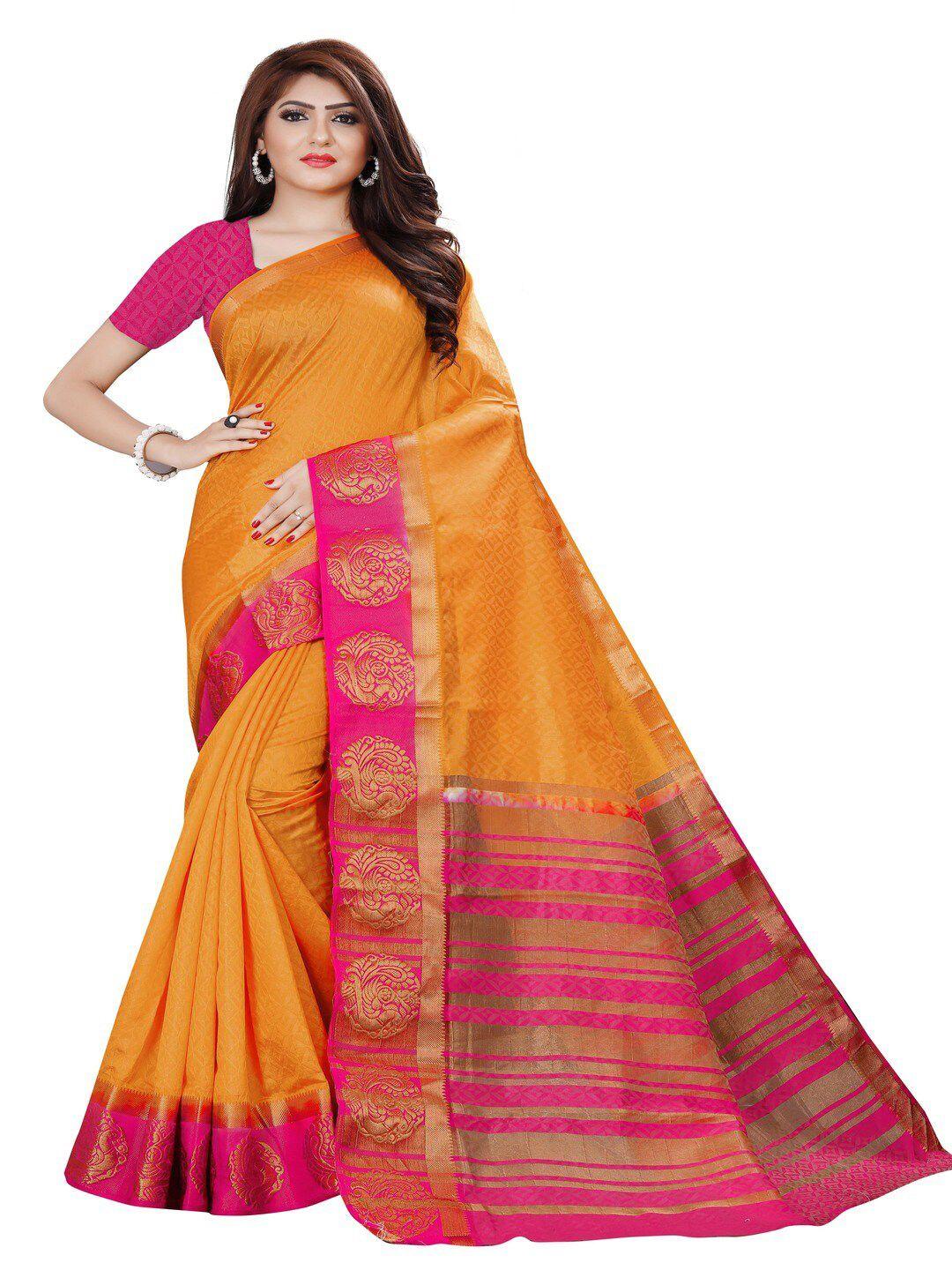 moksha designs orange & pink ethnic motifs zari pure silk banarasi saree