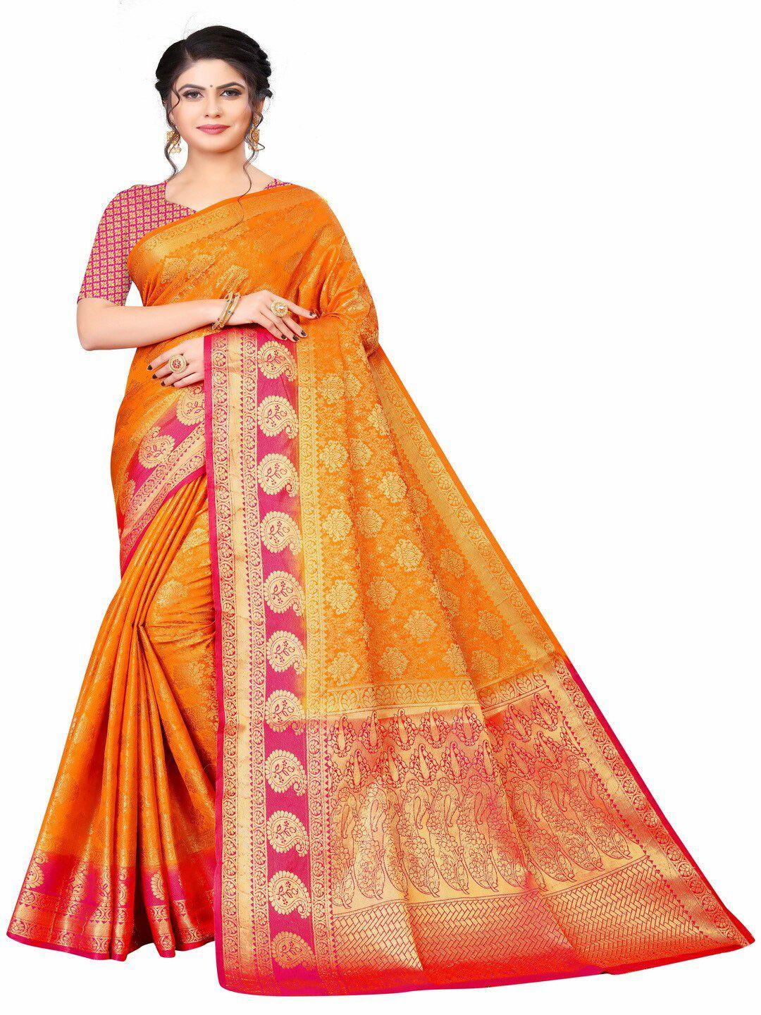 moksha designs orange & red woven design pure silk banarasi saree