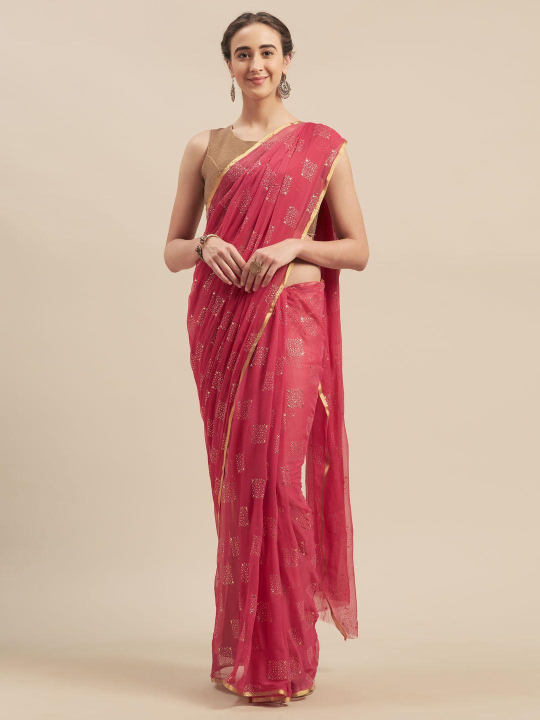 moksha designs pink & gold-toned pure chiffon embellished saree
