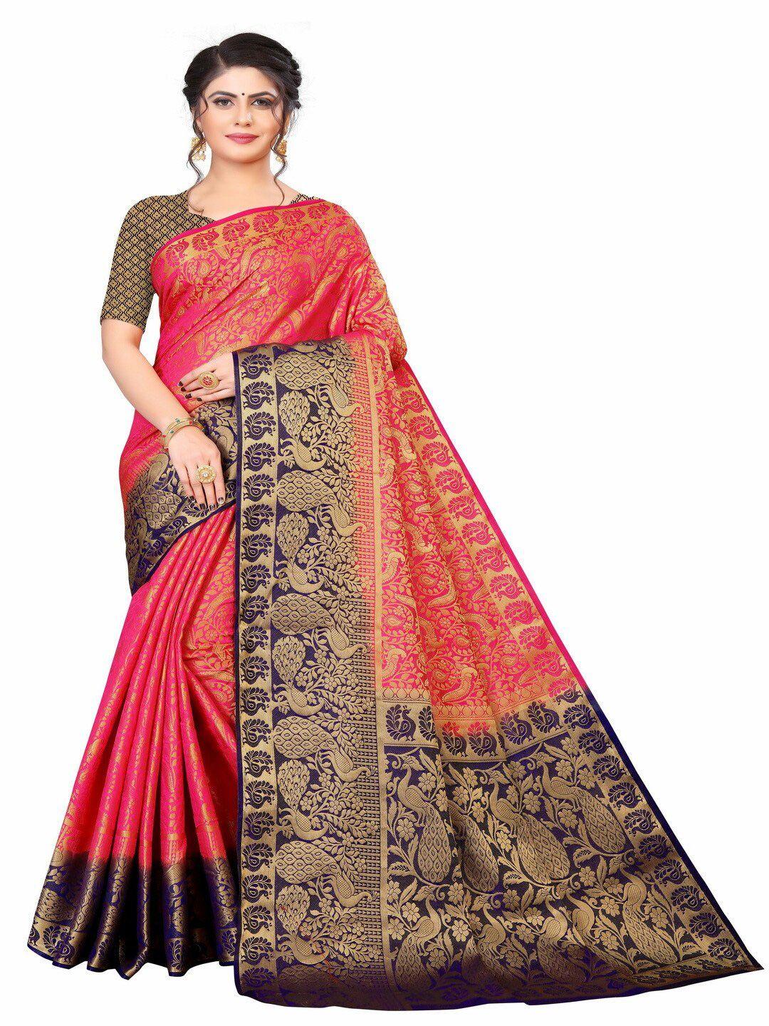 moksha designs pink & navy blue woven design pure silk banarasi saree