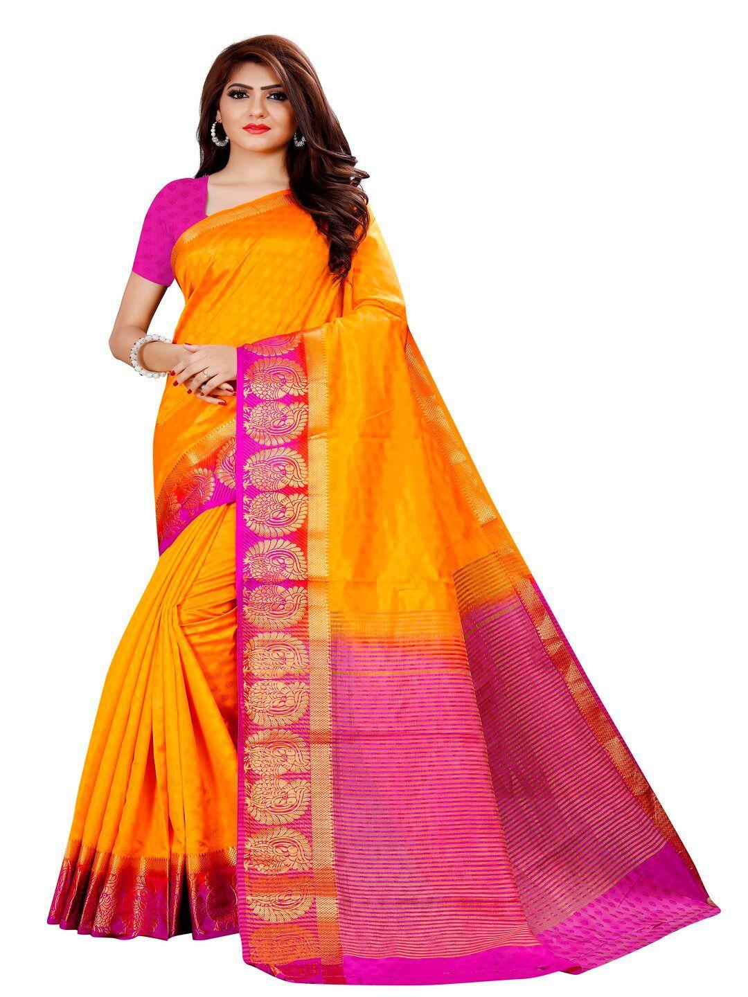 moksha designs pink & orange woven design pure silk banarasi saree